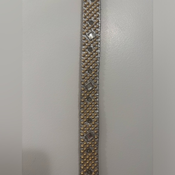 genuine leather belt silver strap with sparkling rhinestones and gold bulb studs - Picture 4 of 12